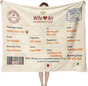 Boarding Pass Love -  for Wife from Husband, Romantic Anniversary Birthday Present, Flannel Throw Blanket 50'' x 60'', Soft Cozy Travel-Themed Keepsake for Couch or Bed