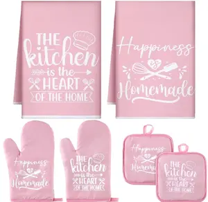 Sratte 6 Pcs Kitchen Decor Accessories Set Farmhouse Towels Pot Holders Oven Mitts Set 2 Dish Towels 2 Potholders 2 Cooking Mittens Oven Glove for Christmas Baking Cooking Supply(Pink,Kitchen)