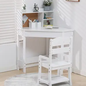 Garvee Compact Kids Corner Desk and Chair Set – Adjustable Wooden Study Table with Hutch Corkboard Bookshelf and Pen Holder – Perfect for Children's Homework and Learning – White