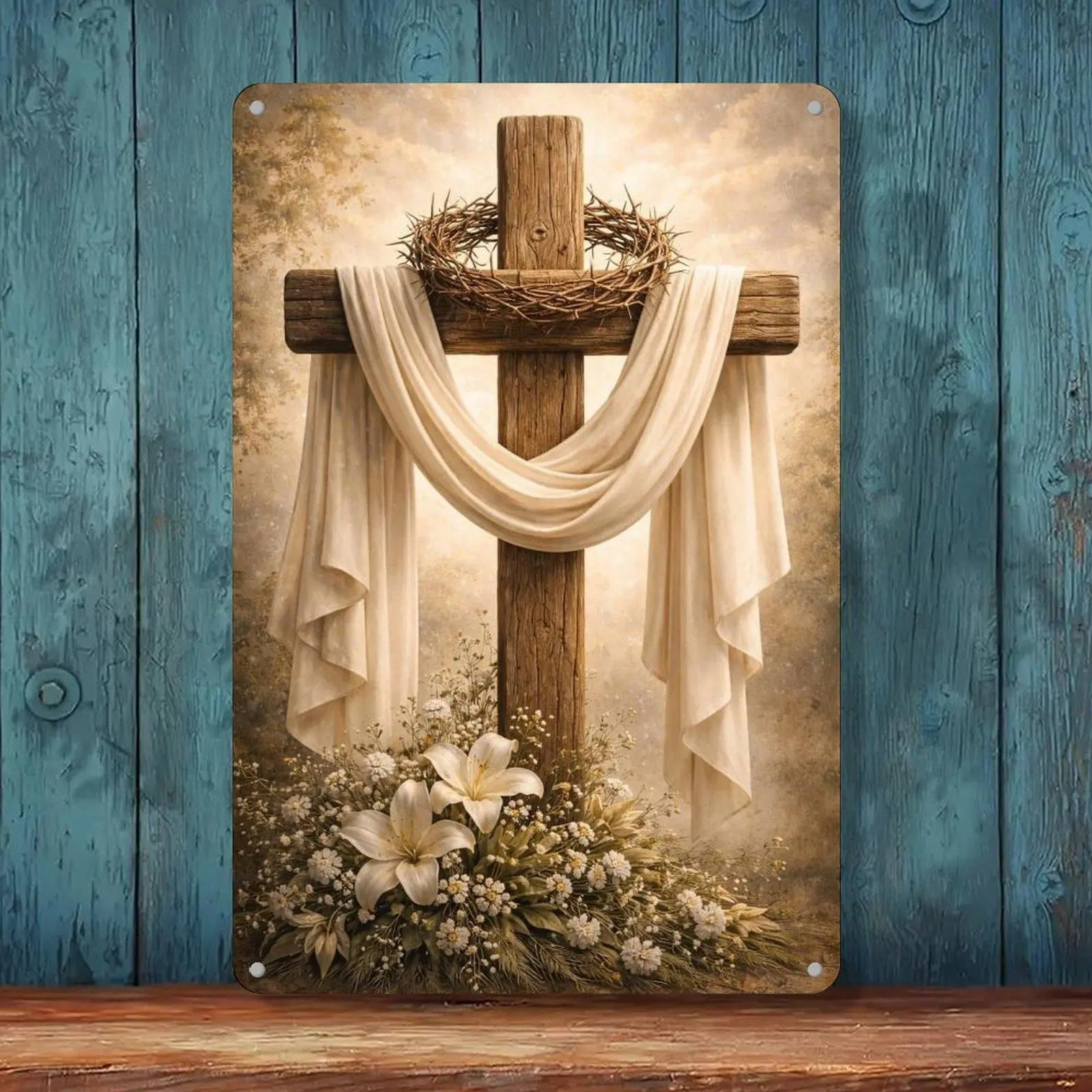 Wooden Cross Crown Of Thorns Lily Easter Christian Vintage Tin Sign 8x12in Faith Room Wall Decor Metal Tin Sign