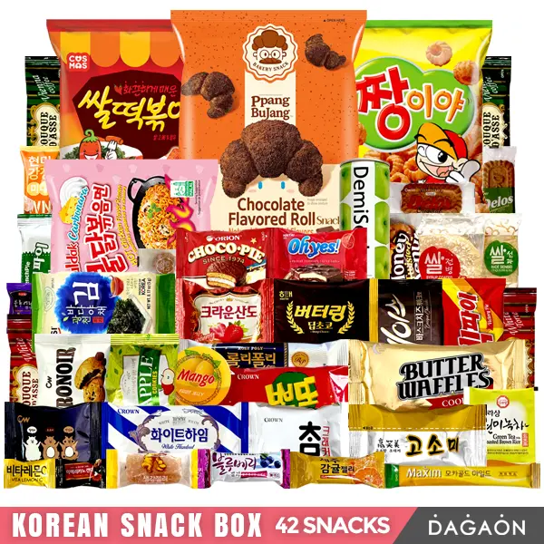 Korean Snack Box - Dagaon 42 Assorted Snacks. Sweet and Savory Chips, Drinks, Ramen, Biscuits, Cookies, Pies, Candies, Jellies and More - Multipack, Gift