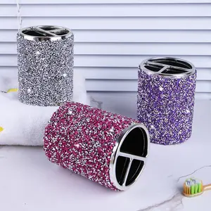1pc Toothbrush Storage Box with Rhinestones, Shiny Toothpaste Holder, Countertop Three-Compartment Organizer, Bathroom Storage Tube