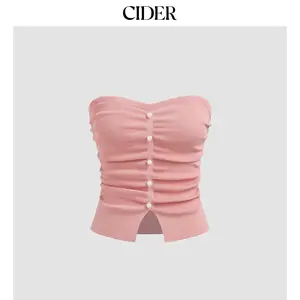 Cider Faux Pearl Split Ruched Knit Crop Top