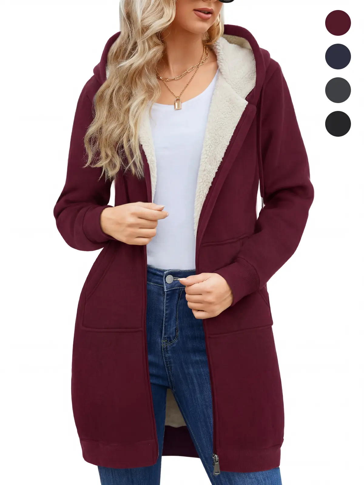 FAHSORA Women's Zip Up Hoodies Long Sleeve Long Tunic Sweatshirts Oversized Long Fleece Jacket Coats, Drawstring, Zip Up Front, Kangaroo Pockets, Casual Outerwear, Comfy Everyday, Athleisure,Work,Daily