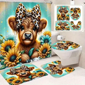 4-piece cow print and leopard print bathroom set, including shower curtain, non-slip mat, U-shaped mat, and toilet seat cover - animal-themed decor, comes with 12 hooks, durable carpet and bathroom accessories