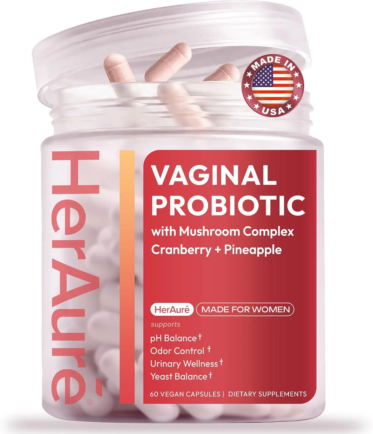 HerAuré Women’s Probiotics - pH Balance, Odor Control, Flora Health - 7 Billion CFU Probiotic, Prebiotic, 7-in-1 Mushroom Blend, Cranberry, Pineapple - 60 Capsules, Self-Care Gift, beach essentials, Deals For You Days