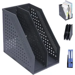 Collapsible Magazine File Holder with 2 Vertical Compartments Foldable Binder Holder for Desk Binder Storage Organizer Plastic Magazine Holders for Shelf Dark Gray