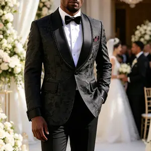 Men's Suits Black Jacquard Tuxedo Suit, Shawl Lapel Embellished Blazer & Slim Pants for Wedding, Prom & Black Tie Events