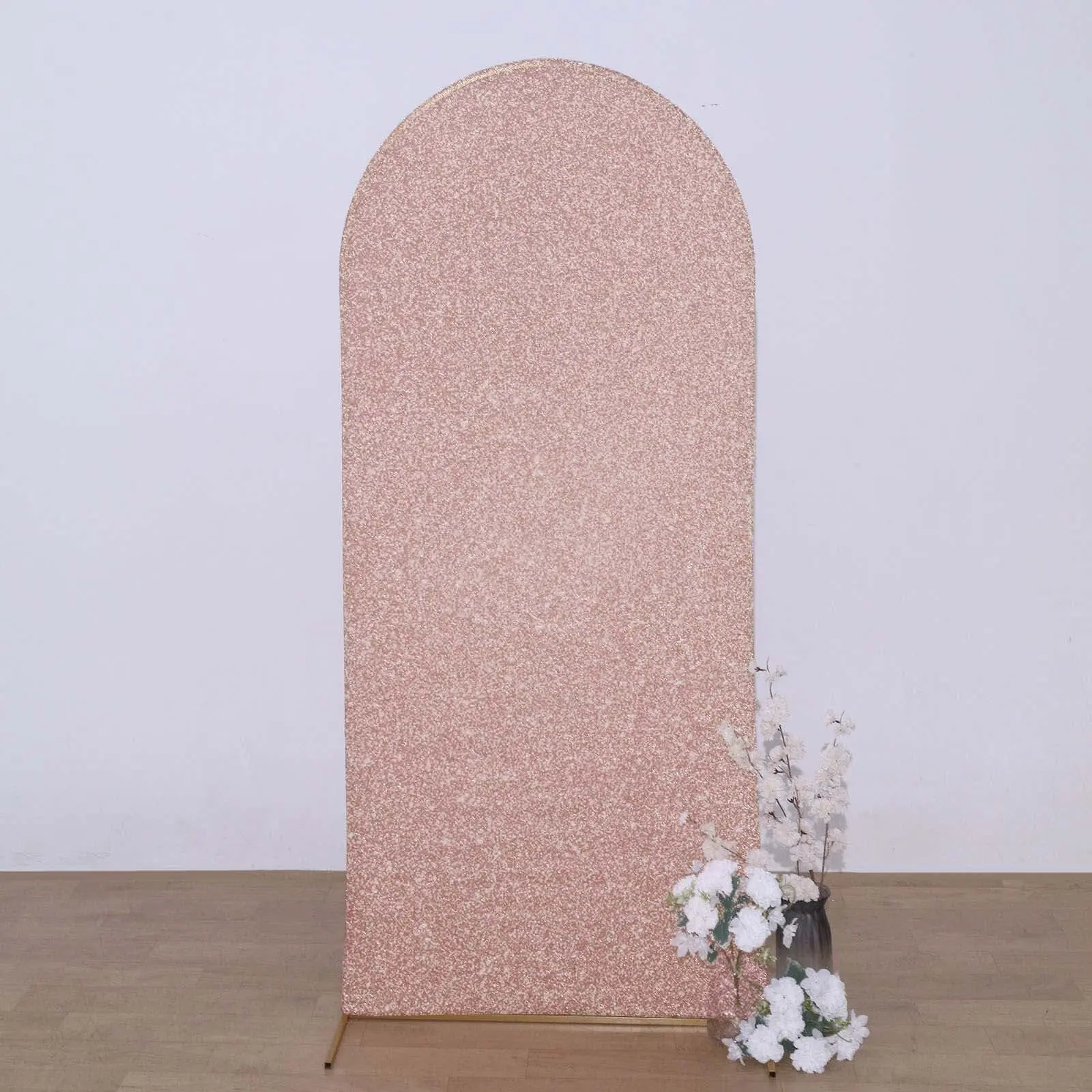 6ft Rose Gold Shimmer Tinsel Spandex Chiara Shape Backdrop Stand Cover - 1-Piece Fitted Round Top for Wedding Arch, Indoor Arch Trellis Festive Backdrops & Banners