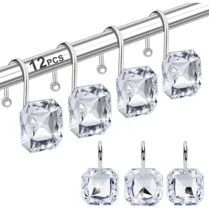 X-BS24 Shower Curtain Hooks Rings for Bathroom, Stainless Steel Rust Resistant Decorative Rhinestones Square Clear Shower Hooks Hangers for Shower Curtains, Clothing, Towels, etc. Aque Blue