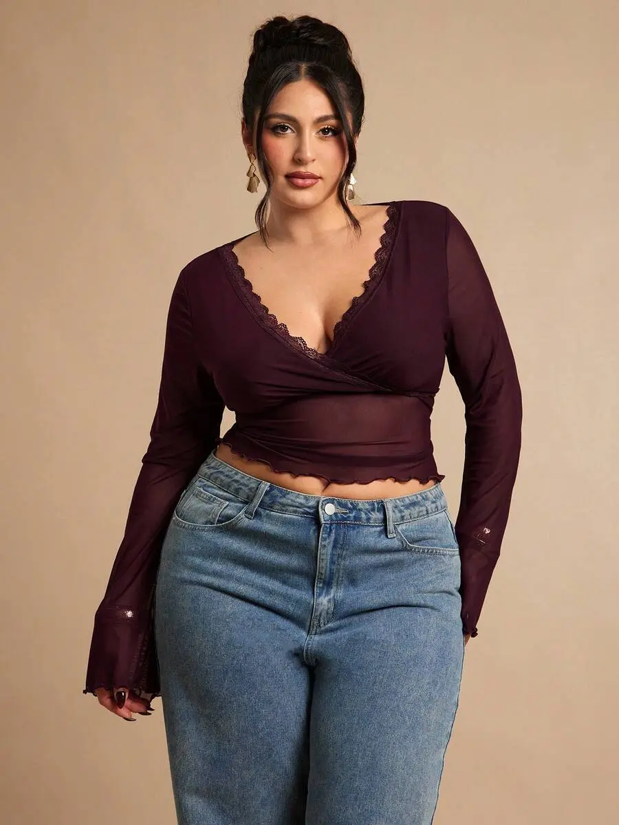 Kallé x  BAE Plus Size Women's Solid Color Mesh Lace Patchwork Long Sleeve Sexy Top, Undershirt, Outerwear,Valentine's Day Blusinhas Femininas Elegante Fall