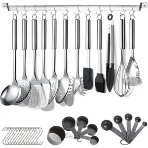 Kitchen Utensils Set 38 Pieces, Stainless Steel Cooking Utensils Set, Kitchen Gadgets Cookware, Kitchen Tool Set with Utensil Holder Rack And Hooks For Hanging Dishwasher Safe Pasta