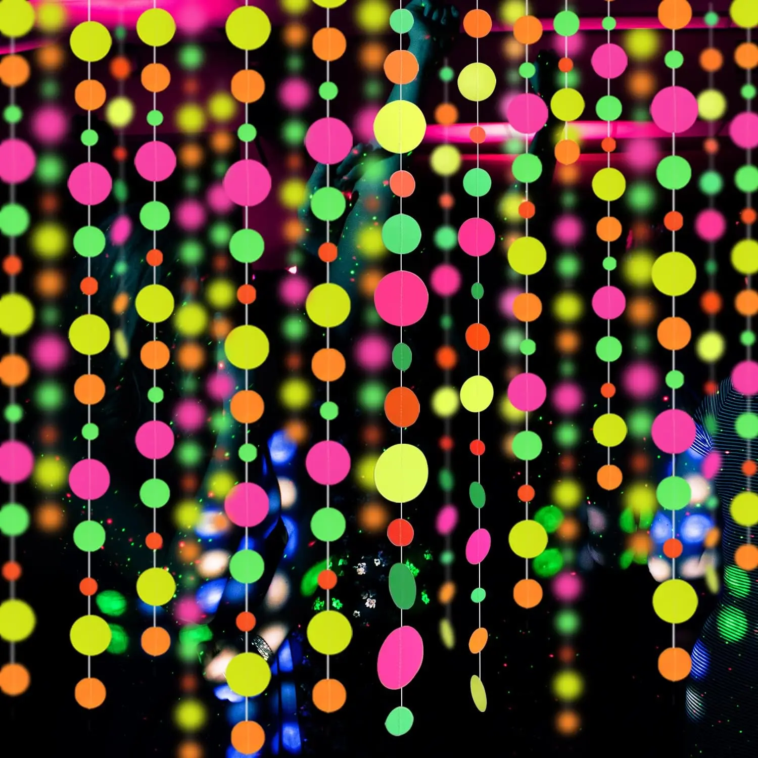 110feet UV Round Dot Paper Neon Garland Streamers Black Light Neon Decorations for Dark Glow Party UV Reactive Glow in The Dark Party Supplies Wedding Birthday Banner Decoration