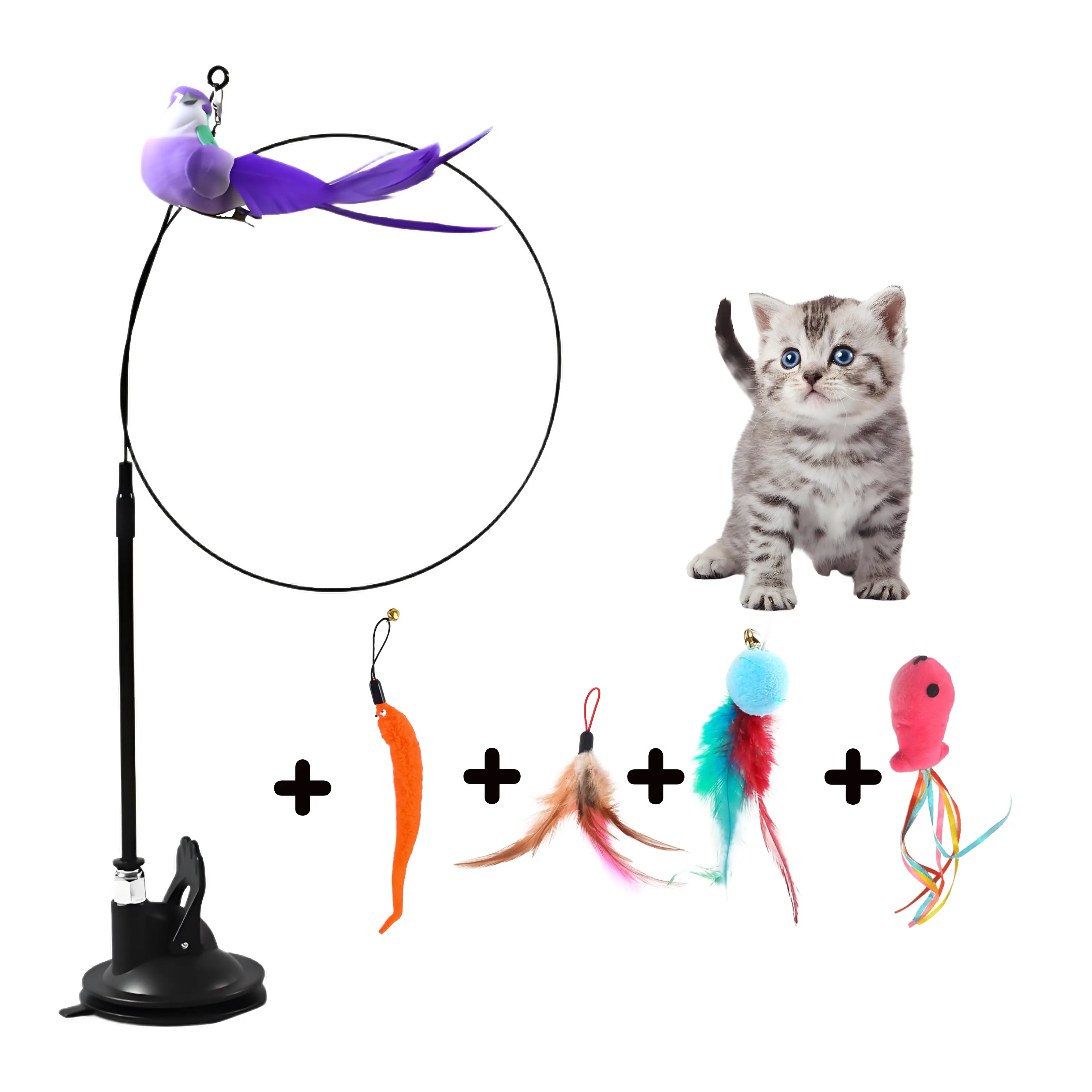 Suction cup cat teaser stick, cat feather toy with strong suction cup, cartoon feather lure, simulate birds, plastic material, no batteries needed, wi