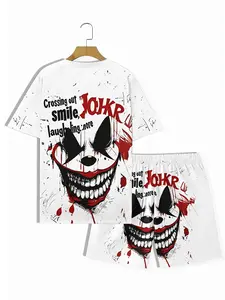 Men's Dark Graffiti Digital Print Set, T-Shirt & Short Pants Two-Piece, Street Style Casual, Fitted Knee-Length Shorts