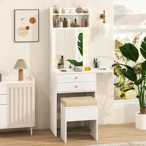 Giantex Vanity Desk with Mirror and Lights, Narrow Dressing Table with Foldable Countertop, Padded Stool, 2 Drawers for Apartment, Dorm, Bedroom, Makeup Vanity Set for Girl, Teen, Women