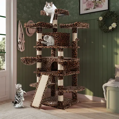 MUTICOR Leopard Print 64in/68in/74in/81in Multi-Level Cat Tower for Large Indoor Cats with Cozy Perches, Condo, Scratching Posts & Hammock