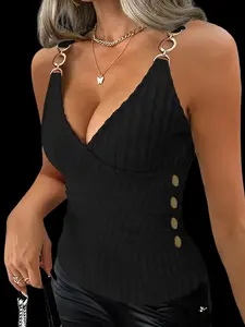 Women's Deep V Neck Sleeveless Metal Ring Strap Backless Vest Top, Casual Fitted Sleeveless Fashion Design, Comfortable & Stylish Women's Clothing