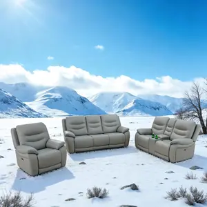 A Ainehome Luxury Leather LED Recliner Sofa Set Light Grey Breathing Leather & PVC 3-Piece Living Room Reclining Sectional Sofa for Comfort & Style