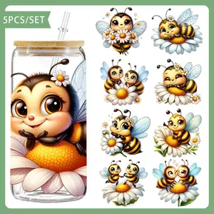 5Pcs/Set Daisy Bee 16oz Glass Jars Wrap Transfer Decorative Paper Diy Sticker Paper UV DTF High Self-adhensive Decor Transfer Art