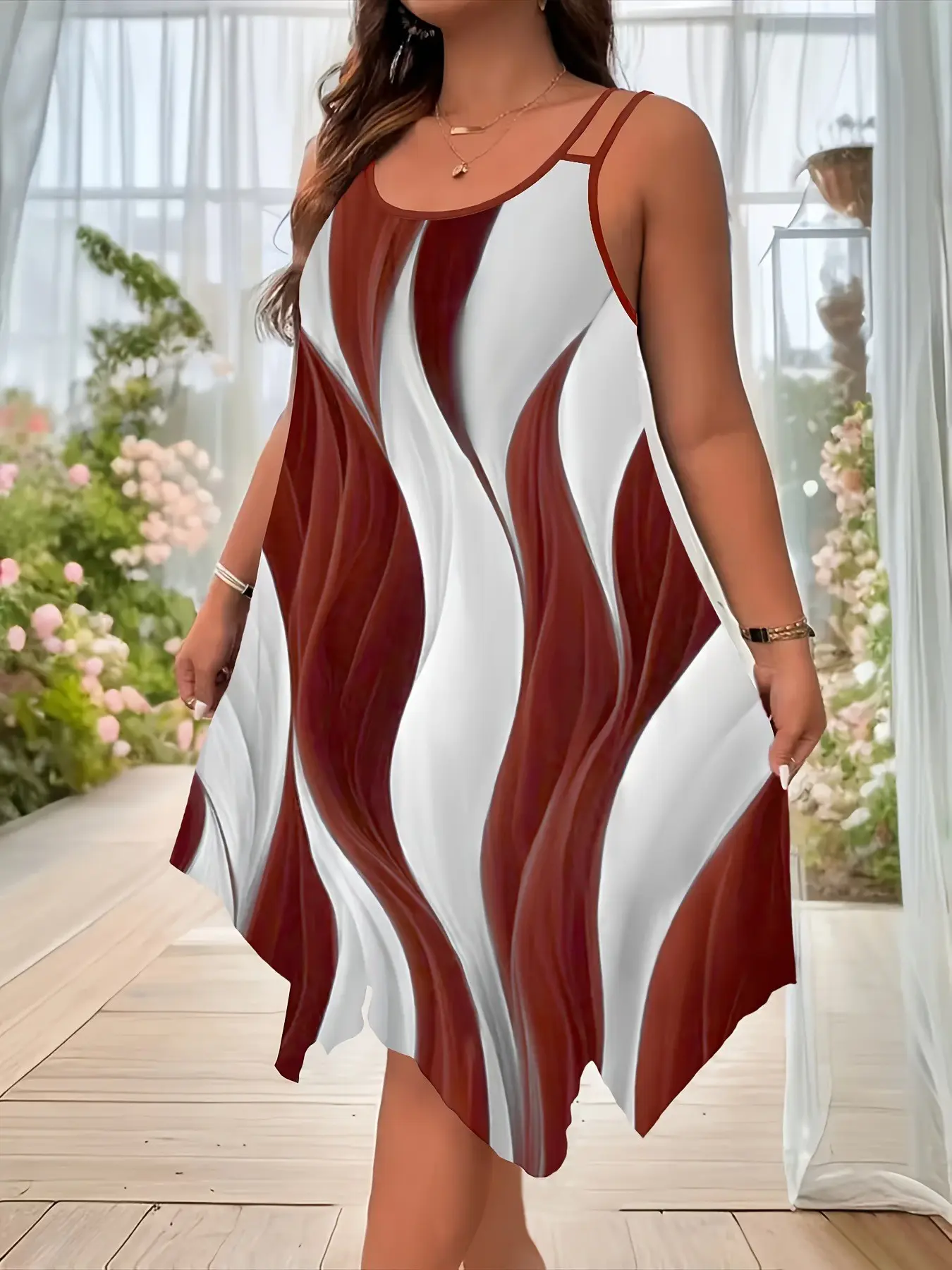 New Fashion Asymmetrical Hem Dual Shoulder Straps Spaghetti Strap Sleeveless Abstract Print Camouflage Floral Dress, Women's Summer Comfortable Plus Size Dress