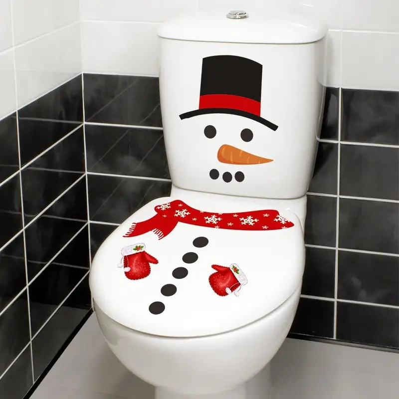 Snowman Design Toilet Sticker, 1 Set Christmas Themed Self Adhesive Toilet Lid Decal, Bathroom Decoration Sticker, Holiday Decoration Supplies, Bathroom Accessory