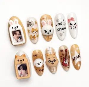 K-Pop Inspired 3D Press On Nails _Lee Know Hannn | Cute Bunny Cat Puppy Nail Set | Handmade Photo Frame Reusable Nails for Beaches, Summer, Holiday, Vacation, Birthday