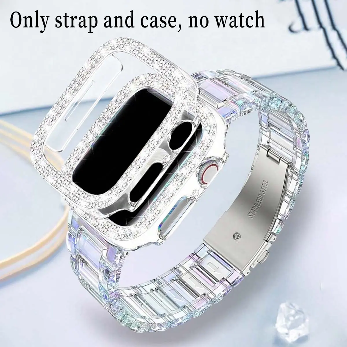 2 Pack Apple Watch Band Ultra 3/2/1 Se S10 Series Compatible, Transparent Resin Strap with Zirconia Case, Adjustable Stainless Steel Buckle, Smart Watch Straps, Smartwatch Accessories