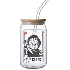 Horror Tarot Chucky glass tumbler with bamboo lid and straw