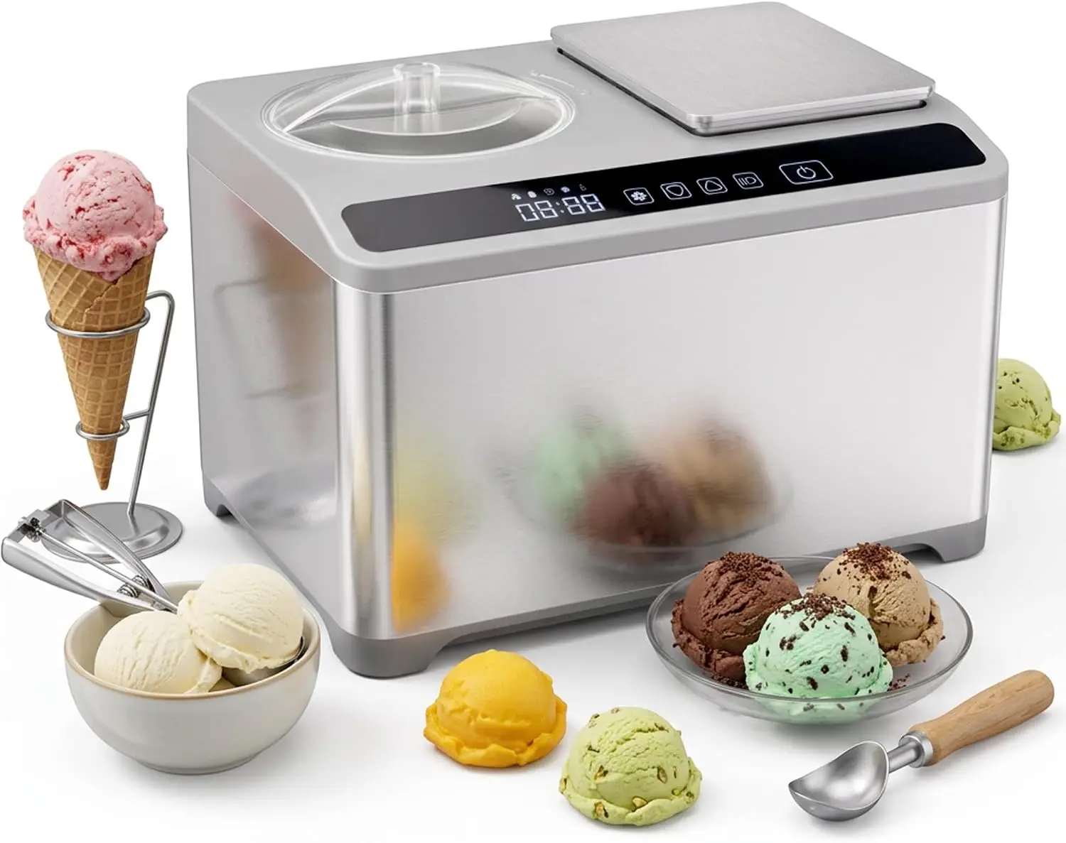 VNN 2.1 Quart Ice Cream Maker with Built-in Scale, No Pre-Freezing | Stainless steel finish, LCD digital touch display, perfect for homemade gelato and frozen yogurt