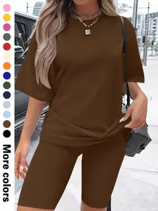 Women's Solid Color Fitted Tee & Skinny Shorts Two-Piece Set, Casual Round Neck Short Sleeve T-Shirt & Shorts, Ladies Two-Piece Outfits for All Seasons, Womenswear, Casual Loungewear Set