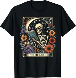 The Reader Tarot Card Skeleton Reading Book Bookworm Bookish T-Shirt Pure Cotton Graphic Tees Menswear Top: Gifts for Men & Women