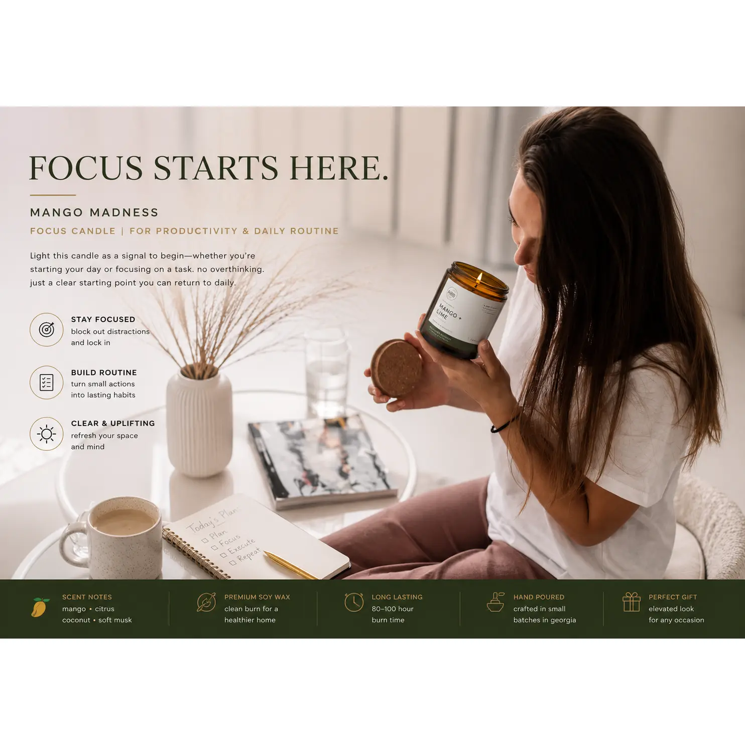 mango lime | focus candle | for productivity & daily routine