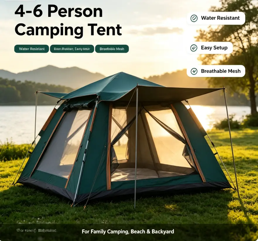 Breathable Waterproof Tent for 4-6 People - Oxford Fabric, Water Resistant, UV Protection, Sturdy Outdoor, Windproof, Mesh Bug Net, Automatic Unfolding & Retracting Mechanism, Portable Family Shelter for Camping, Hiking, Sturdy Outdoor Tent