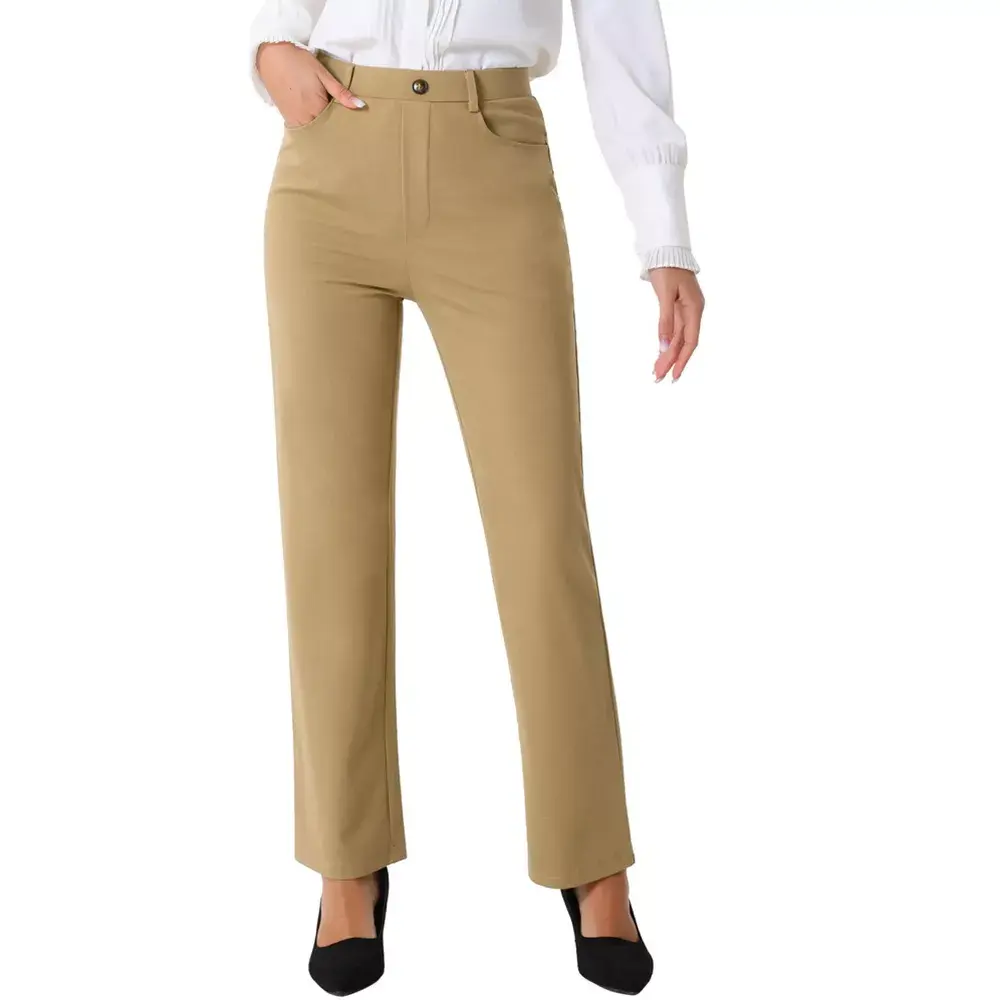 Allegra K Women's High Waist Work Office Stretch Straight Leg Trousers Khaki Medium