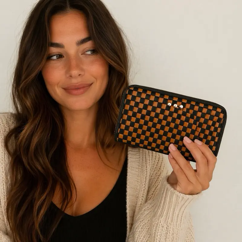 Pretty Simple Lenni Large Zip Woven Checkered Coffee Wallet High Quality Vegan Leather