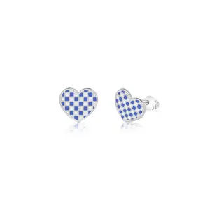 Heart Blue CHeckered White Gold Plated Girl's Stud Earrings Earth2Jane