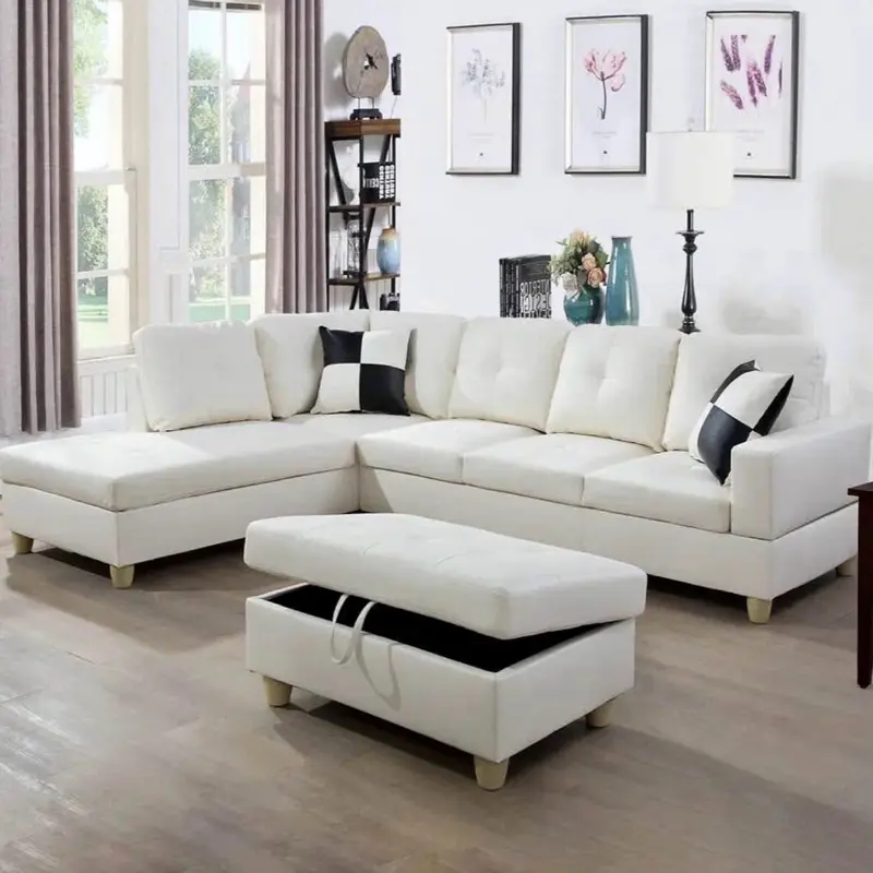 NEW WHITE LEATHER SECTIONAL SOFA WITH OTTOMAN