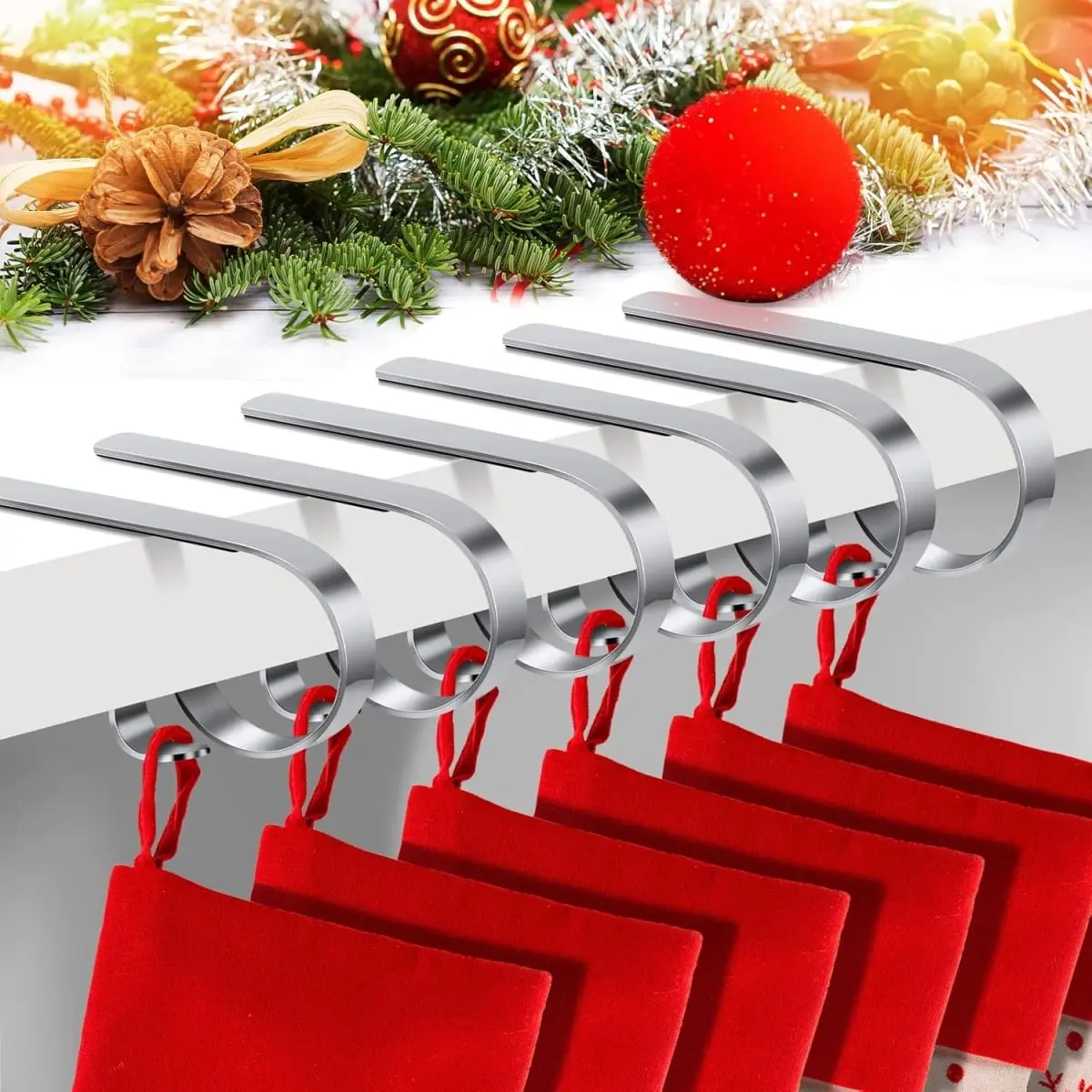 360 Stand Metallic Christmas Stocking Holders for Mantle - Set of 6 Non-Slip Adjustable HD-6 Pad Pack, Shiny Reflective Home Organizer Hooks for Socks Decor