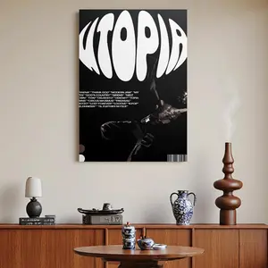 Framed 1pc Framed Utopia Album Cover Canvas Wall Art - Black & White Futuristic Design with Bold Typography, Perfect for Dorm, Bedroom, Studio, Office, and Living Room Decor, Wall Decor