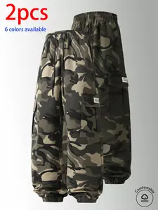 2-pack men’s long pants: camouflage cargo jogger pants with an elastic drawstring waistband and large side pockets; loose fit that doesn’t constrict the legs. Available in multiple colors; suitable for outdoor hiking and camping, everyday streetwear, shor