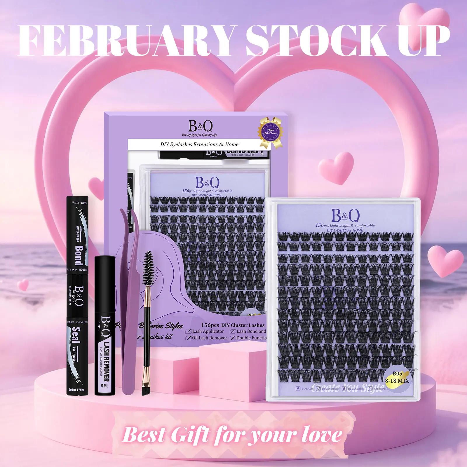 Classic CatEye Kit--B&Q B02 B03 B05 B19 B37 Lash Clusters,Classics NEVER go out of Style! Natural Thick Volume DIY Lashes Extension at home Waterproof Sleep Proof,Week Long Lasting,Fake Full Lash Cosmetic Outdoorfun Makeup Beginner Friendly Feb Stockup