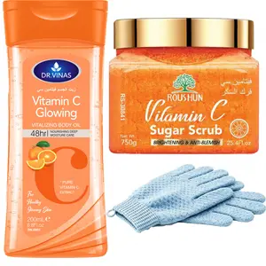 3pcs VITAMIN C Body Oil+sugar scrub+Rubbing gloves Skin care kit for cleansing and moisturizing the skin, suitable for men and women in all seasons Home skincare products for Body, Face, Hand,Foot, Lip, Eye