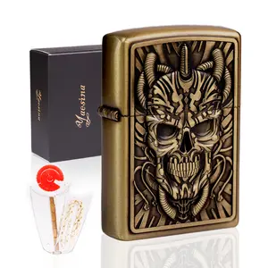 Yaesina Classic Lighter, Brushed Chrome Pocket Lighter with Skull Shape, Solid Metal Cast lron Brass Lighter with Lighter Cotton Wick Accessories & Replacement Lighter Flints ( Kerosene Not Included )