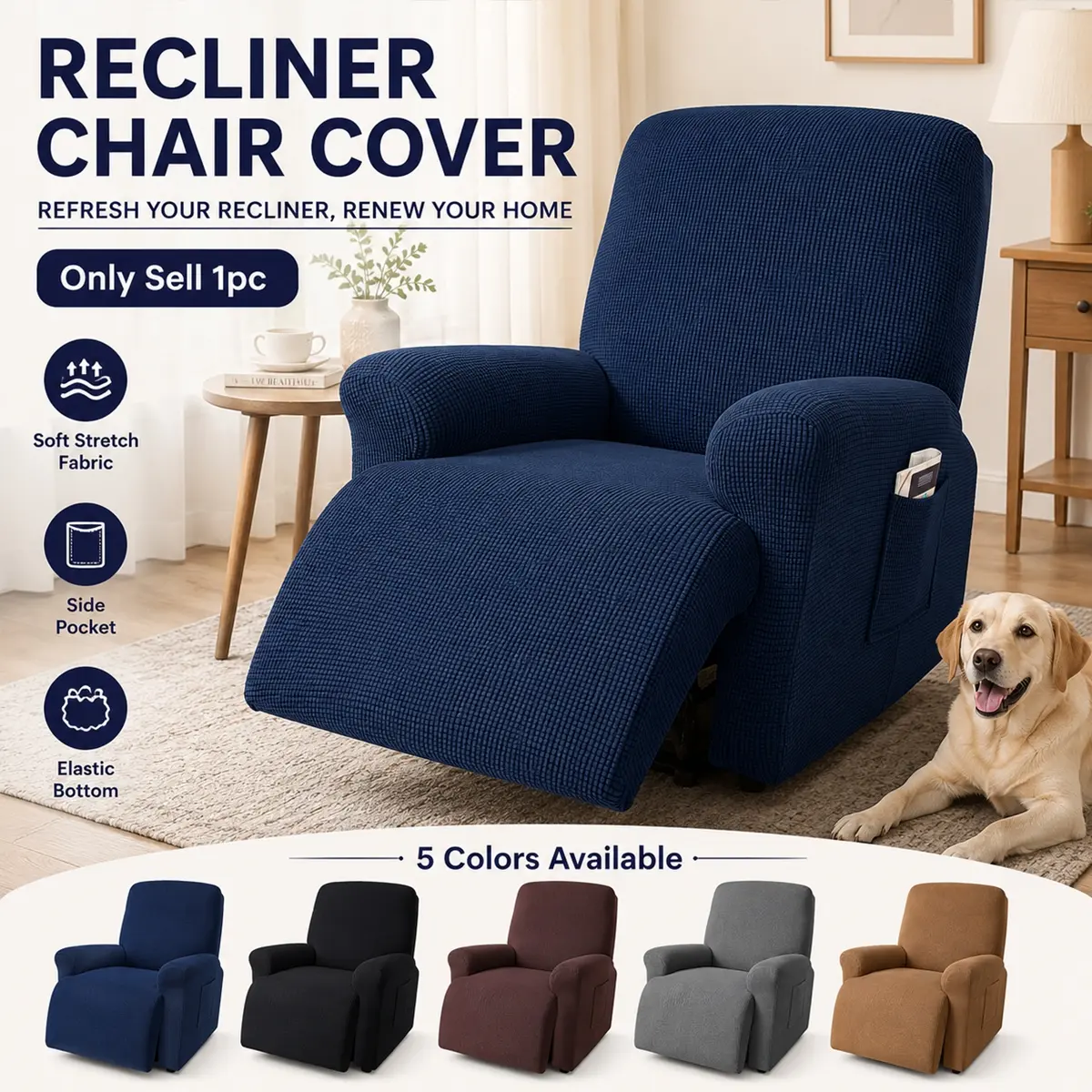 Recliner Chair Covers, Stretch Fabric Cover, Stretch Couch Cover Slipcovers, Furniture Protector with Elastic Bottom for Dog, Kids, Soft Reclining Chair Spande with Pockets, Anti-slip Couch Cover, Stretchable Sofa Cover