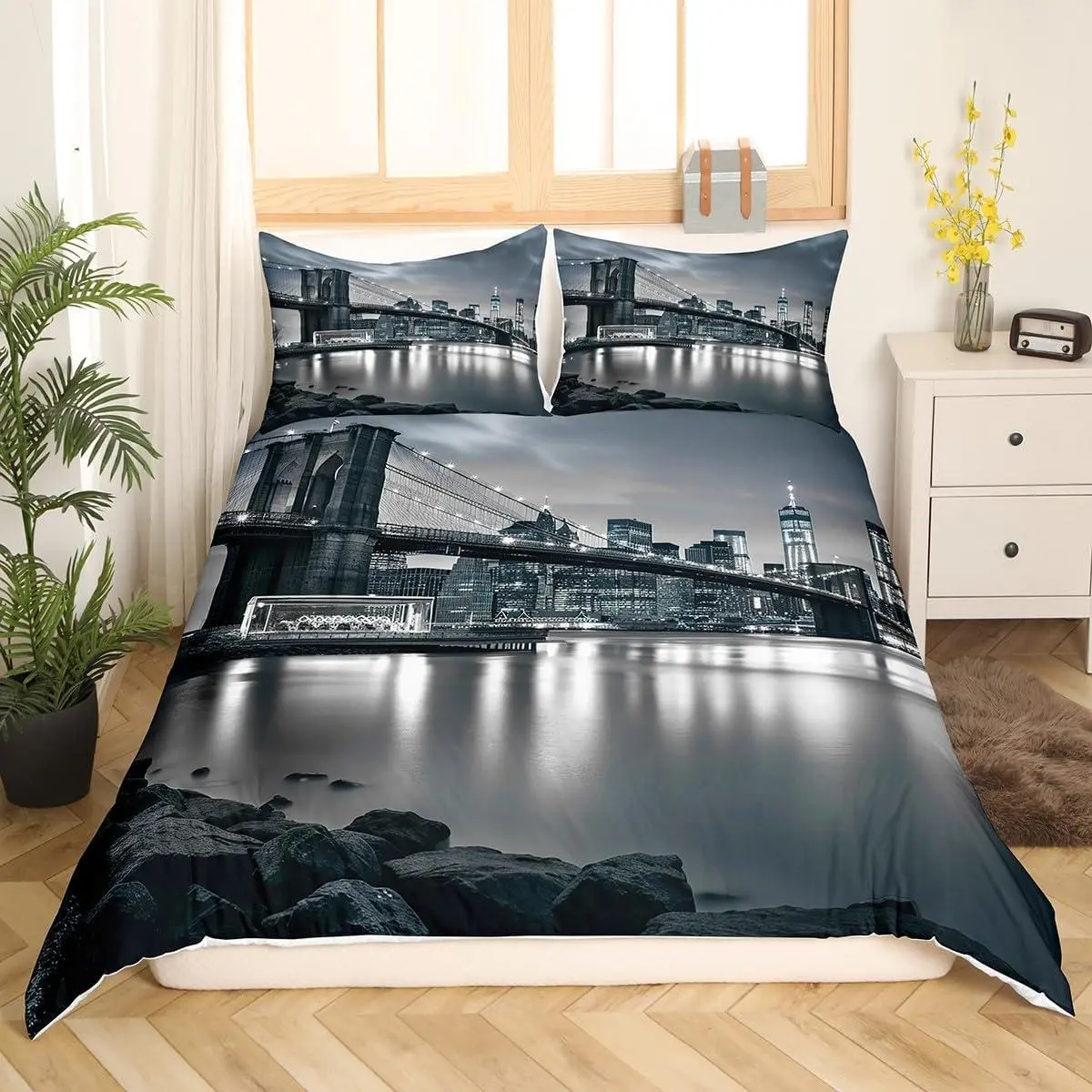 Brooklyn Bridge Duver Cover Set New York City Black and White Bedding Set Famous Town Image Quilt Cover Decor Bedroom Collection