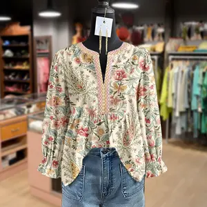 Cherrybetty Paisley Floral Print Embroidered V-Neck Long Sleeve Top for Women's Fashion fall outfits Women office Going outfits Boho clothing Outfits women Chic Womenswear