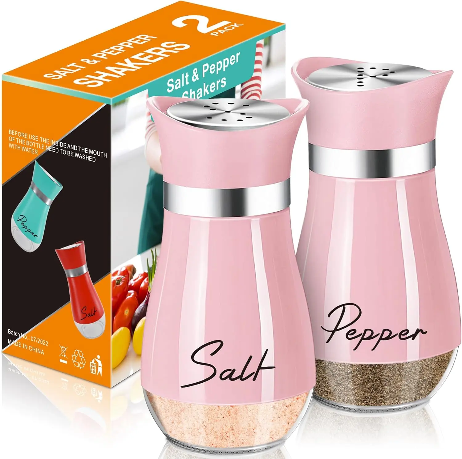 Salt and Pepper Shakers Set - 4 oz Kitchen Gadgets with Glass Bottoms, Stainless Steel Lids, Refillable Salt Holder for Kitchen Cooking Table, RV Use