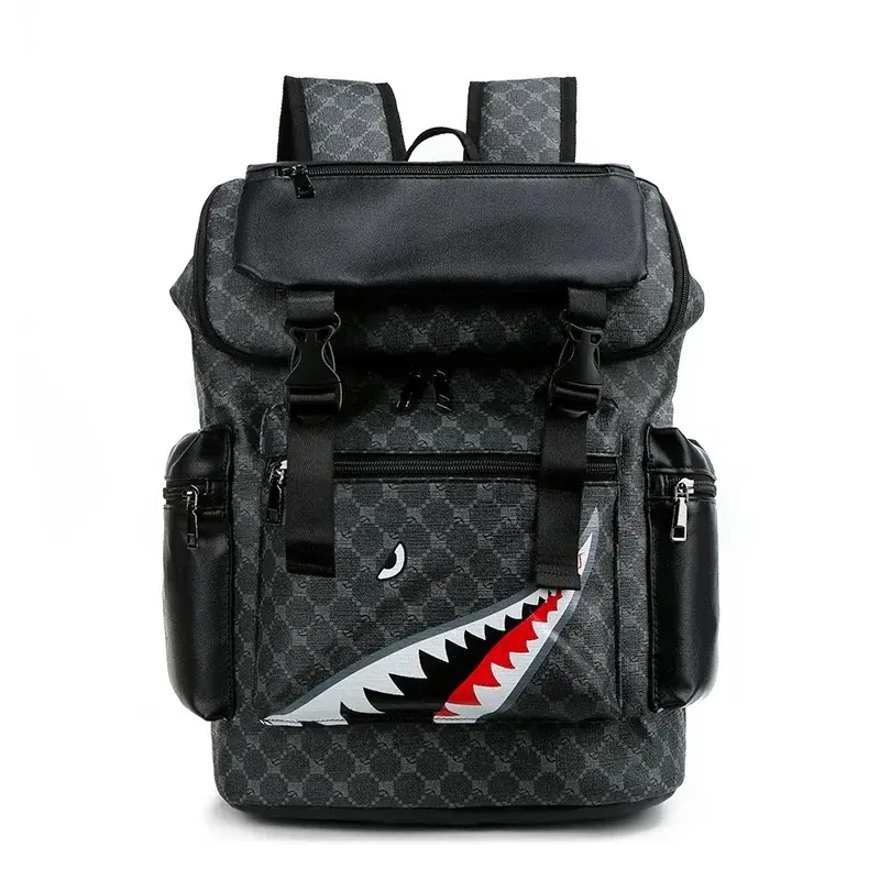 Shark-shaped PU leather backpack, suitable for students and travelers.