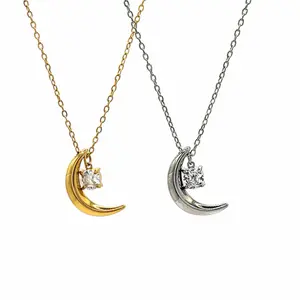 Crescent Moon Charm Necklace | Celestial Jewelry | Cubic Zirconia Necklace | Hypoallergenic Necklace | Tarnish Resistant